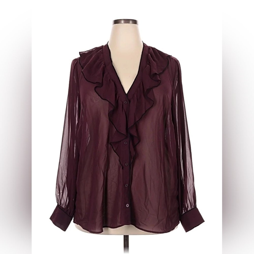 New Torrid Chiffon Ruffle Trim Blouse In Winetasting/Burgundy 2X